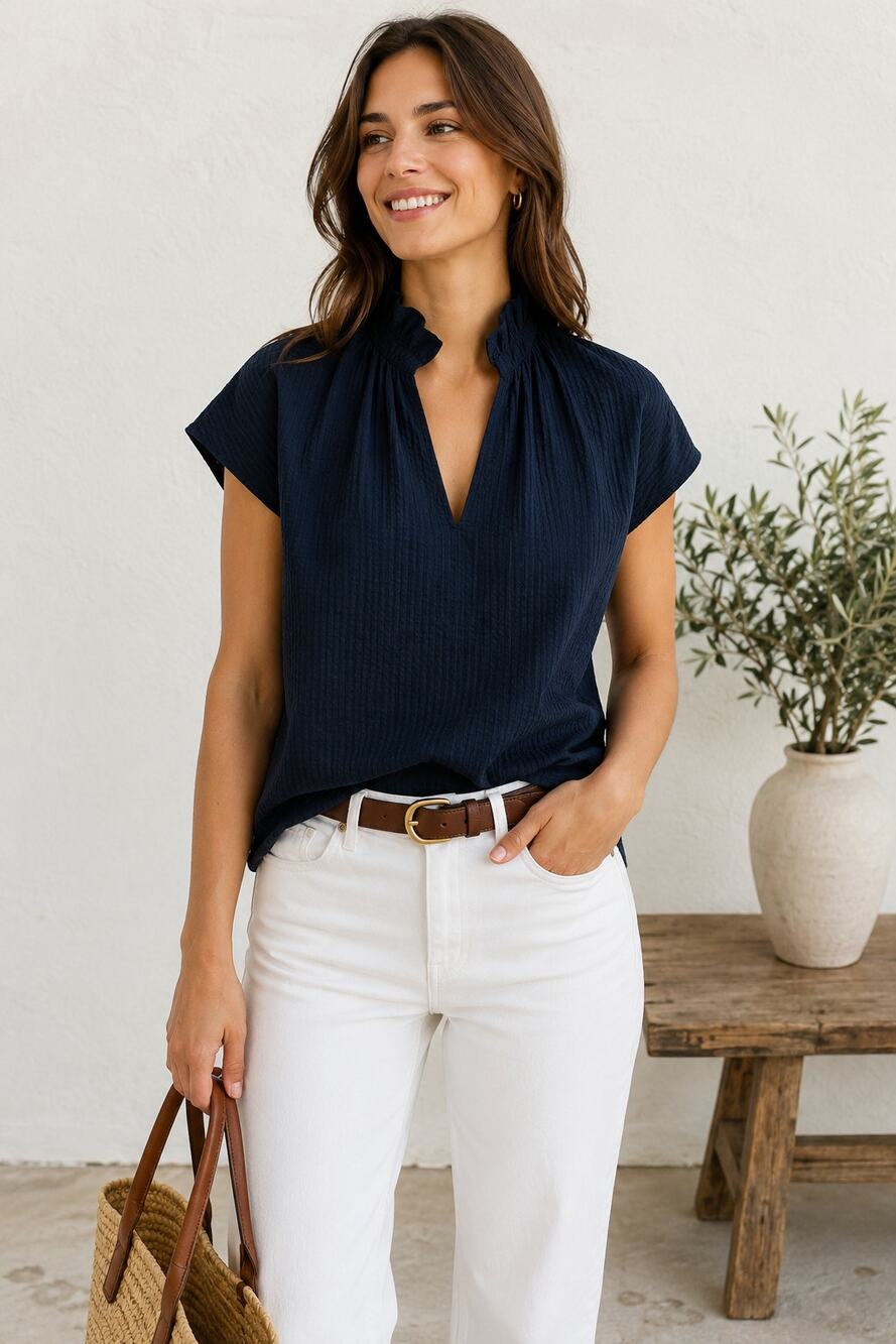 Never a Wallflower Vicki Top, navy blue seersucker, size XS